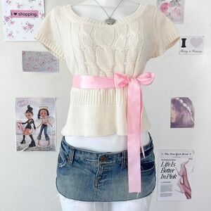 L.E.I. Y2K Cream Cable Knit Cap Sleeve Babydoll Top Size L — Coquette